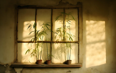 cannabis plant in the window, houseplant in the windowの素材