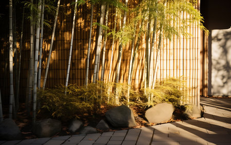 Bamboo garden in the morning light with shadow on the wall.の素材