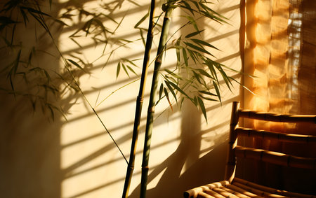 Bamboo on a wooden chair near the window in the sunlight.の素材