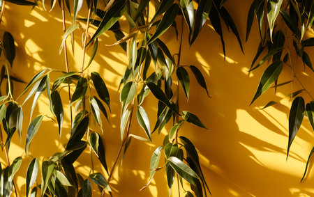 Green leaves of eucalyptus on a yellow background.の素材