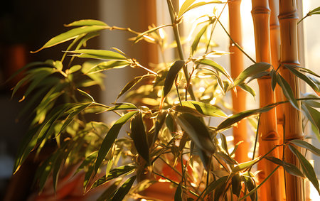 Bamboo plant in pot on window sill at sunset, closeupの素材