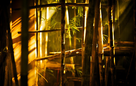 bamboo in the garden at night with light from the window.の素材