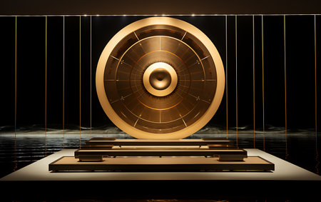 3D rendering of an abstract background with a golden circle and a speakerの素材