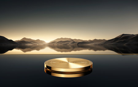 3d render of golden podium on the background of mountain landscape.の素材