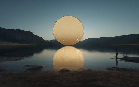 3d render of a sunset in the mountains reflected in the lakeの素材