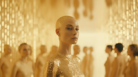 Fashion shot of a beautiful woman in a gold dress. Blurred background.の素材