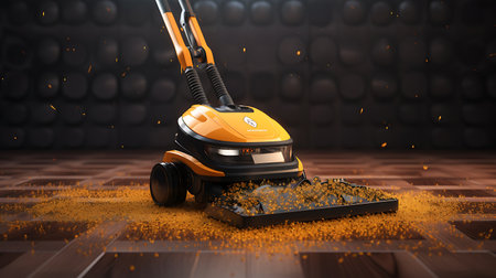 3d rendering of a yellow vacuum cleaner cleaning the floor with dirtの素材