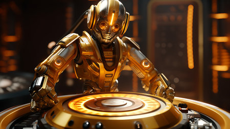 3D rendering of a robot playing on a dj's deck.の素材
