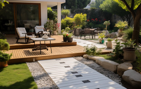 Outdoor terrace with table and chairs. Luxury house exteriorの素材