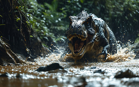 Tyrannosaurus rex in the jungle. Big dinosaur in the river.の素材