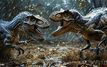 Dinosaur in the rain. 3D rendering. Elements of this image furnished by NASAの素材