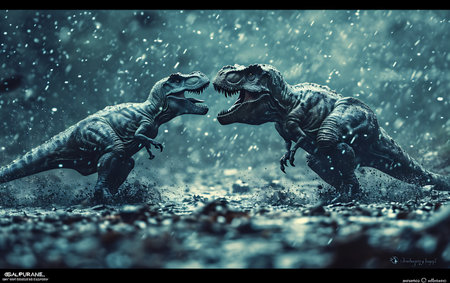 Tyrannosaurus rex and tyrannosaurus rex fighting in the rainの素材