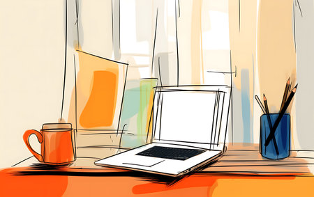 Laptop and coffee cup on the table in the room. Vector illustration.の素材