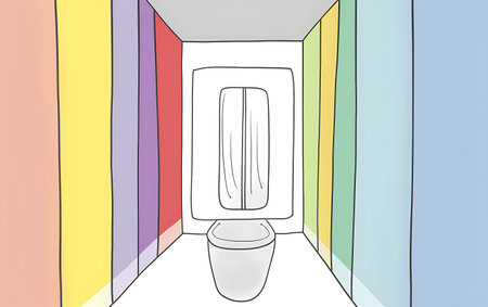 Illustration of a toilet in a room with colorful wall and doorの素材