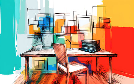 Interior of a modern office. Hand drawn sketch. Vector illustrationの素材