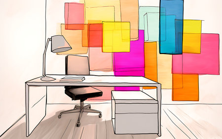 Illustration of an office interior with a computer and colorful wallpapersの素材