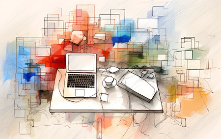 Modern office workplace with laptop on table and colorful abstract background. 3D Renderingの素材