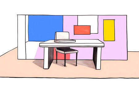 Drawing of a desk and chair with a computer on a white backgroundの素材