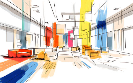 abstract sketch of interior of a modern office, drawing by handの素材