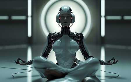 Cyborg woman sitting on the floor. Artificial intelligence concept. 3D rendering.の素材