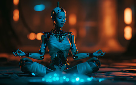 Futuristic robot sitting on the floor and meditating. Artificial intelligence concept.の素材