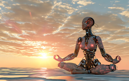 3D rendering of a female robot in the sea at sunset.の素材