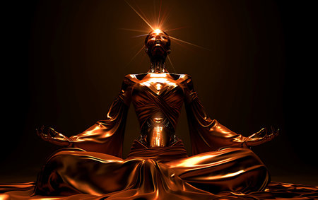 3d rendering of a golden Buddha statue with rays of light.の素材