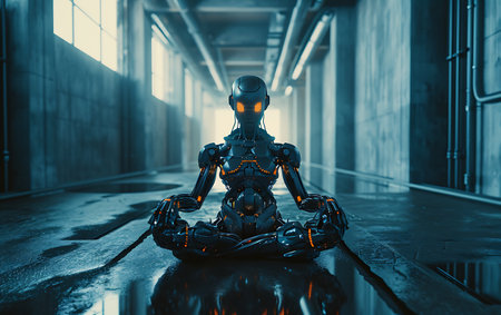 3D rendering of a robot in an industrial environment with blue lightの素材