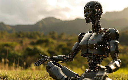 3D rendering of a female robot sitting on the grass with mountains in the backgroundの素材