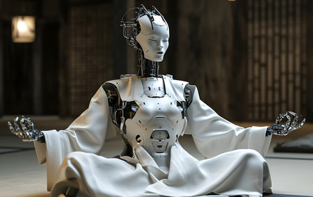 3d rendering of a female robot in a white suit sitting on the floorの素材