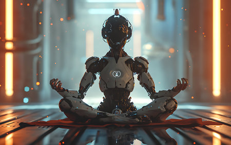 Cyborg sitting in lotus pose and meditating. 3D renderingの素材