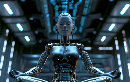3D rendering of a female robot in a spaceship. Futuristic backgroundの素材