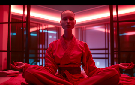 Buddhist monk meditating in a room with red lighting.の素材