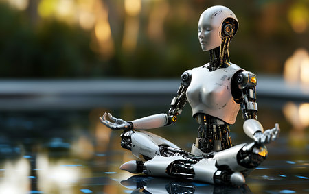 3d rendering of a female robot sitting on a water surface.の素材