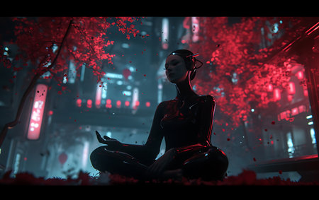 Young woman meditating in the city at night with red lights.の素材