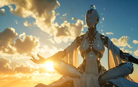 Cyborg woman in front of a sunset background. 3d renderの素材