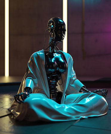 3D rendering of a female robot sitting on the floor in a dark roomの素材