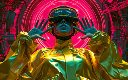 3D rendering of a female cyborg with helmet and goggles.の素材