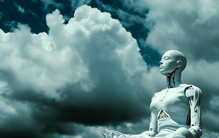 3d rendering of a female robot sitting in front of a cloudy skyの素材