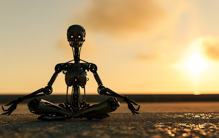 3D rendering of a robot sitting on the ground at sunset.の素材