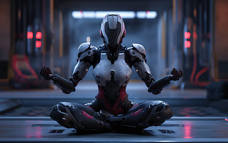 Cyborg sitting on a laptop. Artificial intelligence concept. 3D rendering.の素材