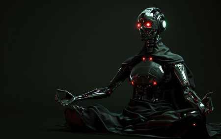 3d rendering of a female robot sitting on a black background.の素材