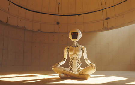 Artificial intelligence robot sitting on the floor. Future technology concept.の素材