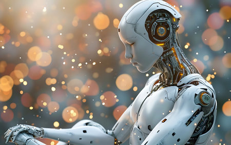 Robot woman on a bokeh background. 3d rendering.の素材