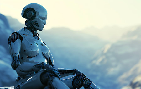 3d rendering humanoid robot or cyborg sitting on top of a mountainの素材