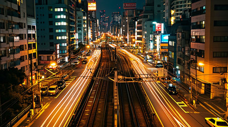 Tram in the city at night, Tokyo, Japan.の素材