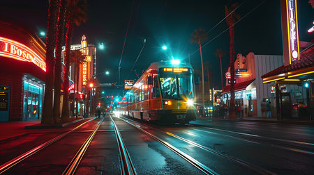 Vintage trams on the streets of San Diego at night.の素材