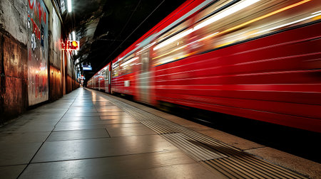 Red train in the underground passage at night. Moscow, Russia.の素材