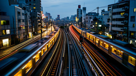 Train moving in the city at night, Tokyo, Japan. Long exposure.の素材