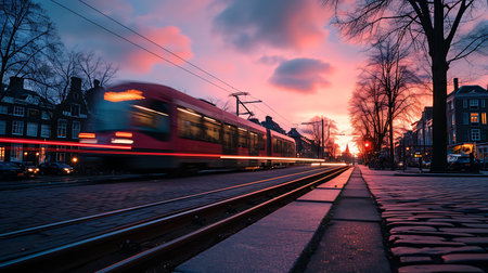 Tram in Amsterdam at sunset.の素材